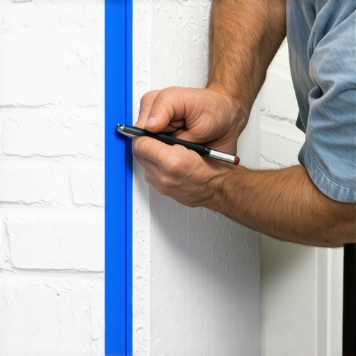 Close-up of a woodworker scribing a walnut filler piece against an uneven brick fireplace wall.