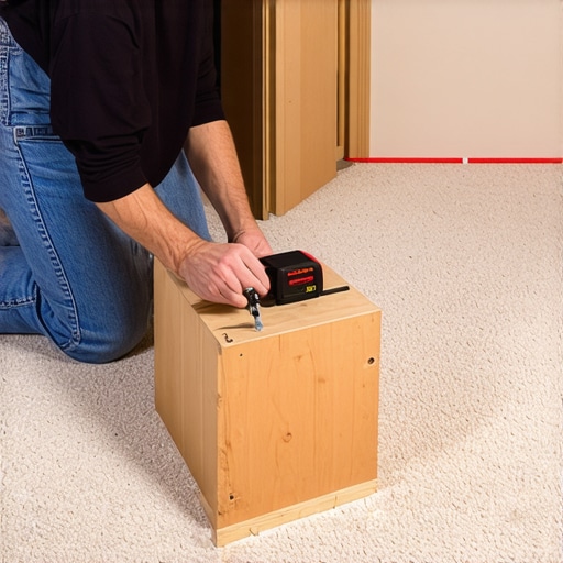 Professional Scribing Tool and Laser Level Setup Close-up of a woodworker using a scribe tool on a cabinet base over carpet with a laser level guide.