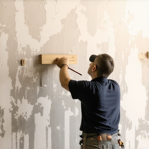Close-up of a carpenter using a scribing tool on a wooden shelf against a textured wall.