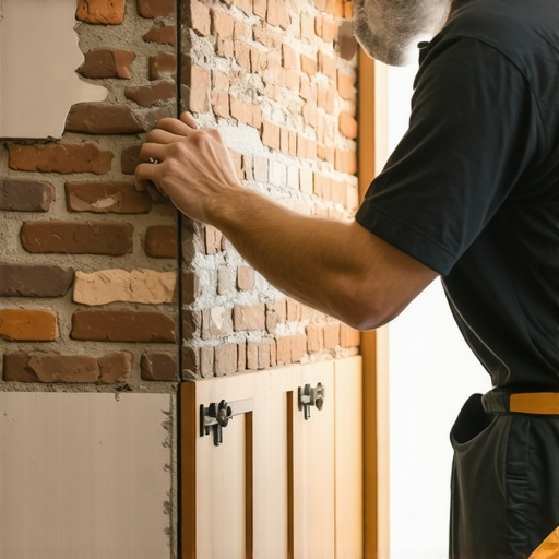 Carpenter using a scribing tool to trace a brick wall profile onto a wood cabinet.