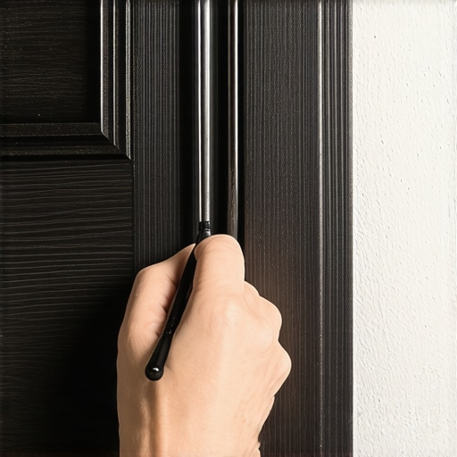 A professional scriber tool marking a cabinet for a custom fit against a plaster wall.