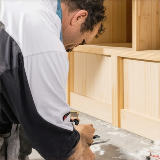 A carpenter scribing a mudroom cabinet base to match the profile of a sloped concrete floor.