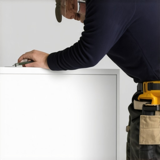 Carpenter using a scribe tool to fit a cabinet to an uneven wall.
