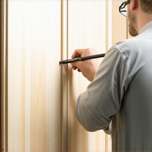 Close-up of cabinet scribing technique on an uneven wall.
