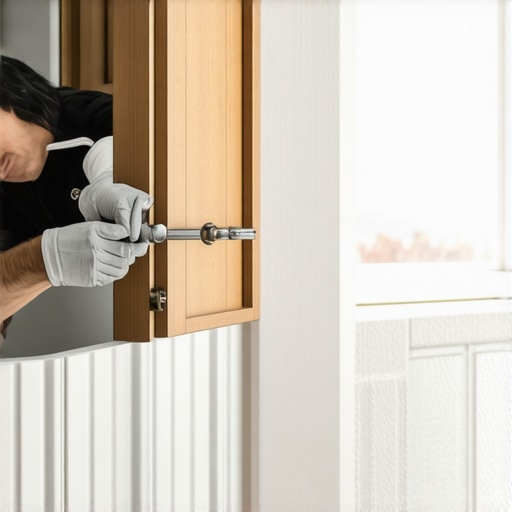 Woodworker using a professional scribe tool on a bathroom vanity