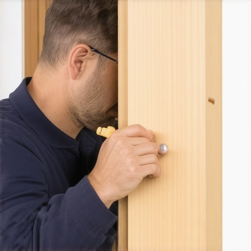 Carpenter shimming a vanity cabinet to prevent racking during installation.