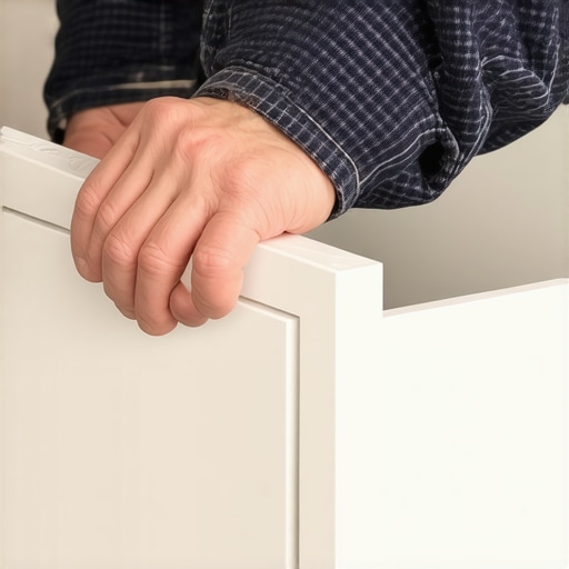 A plastic shim inserted between a vanity cabinet and a wall to prevent structural warping.
