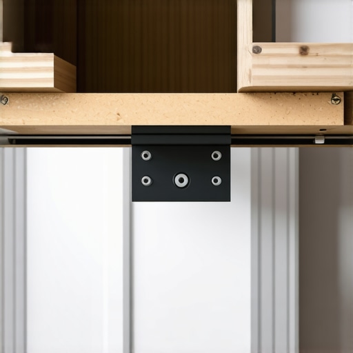 Close-up of a heavy-duty steel bracket reinforcing a floating bathroom vanity to prevent dipping.