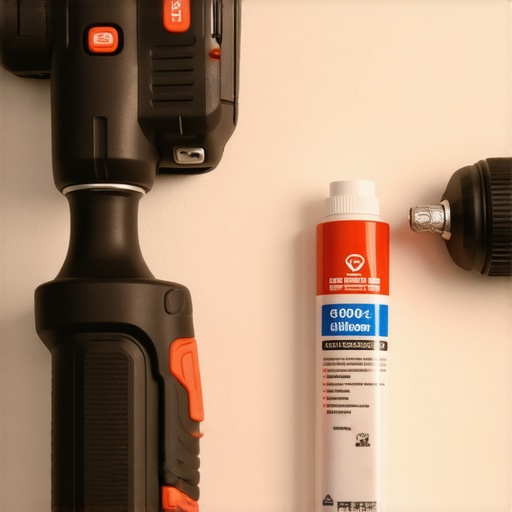 Impact driver and silicone sealant on a bathroom vanity