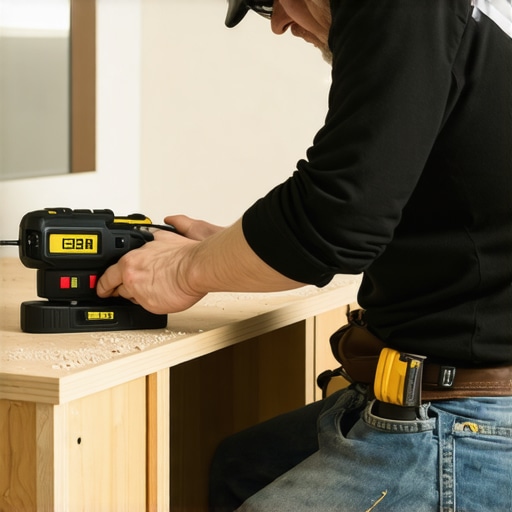 Close-up of a scribing tool and laser level used for cabinet alignment