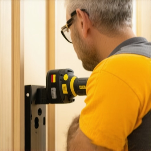 Contractor using a level and impact driver to install a structural steel bracket for a floating seat.