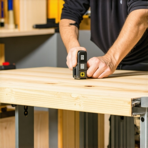 Woodworker using a laser level and steel hardware to reinforce a large media console.