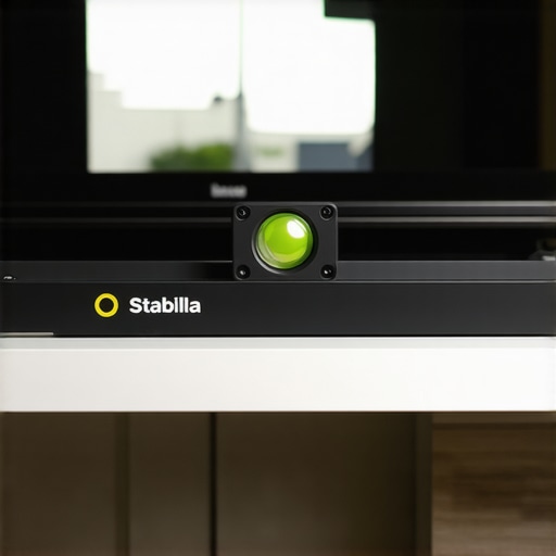 A professional spirit level and structural screws used for securing a floating media unit.