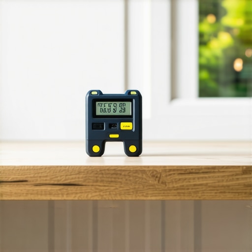 A Stabila level and digital angle gauge being used to check the precision of a floating shelf installation.