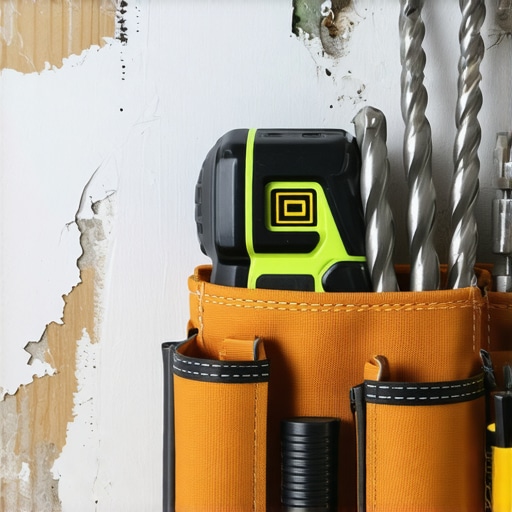 Professional Tools for Plaster Wall Installations Close-up of a laser level and specialized drill bits used for mounting heavy built-ins to plaster.