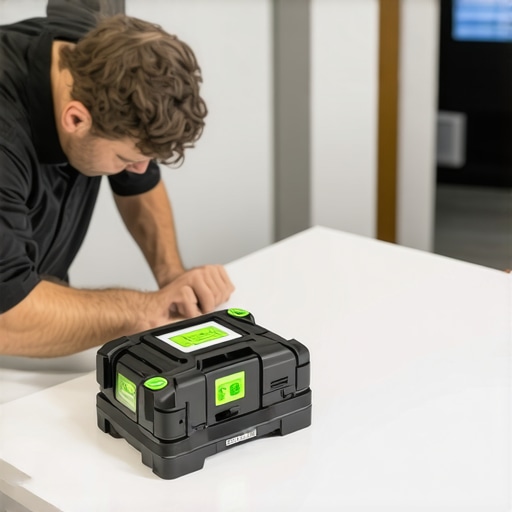 Woodworker using laser level and scribe tool on a custom vanity