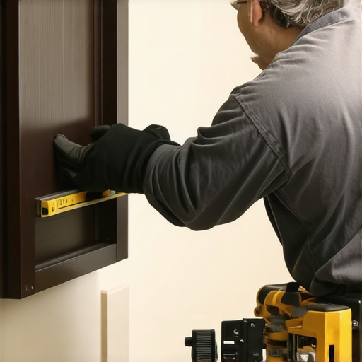 Close up of a contractor leveling a heavy vanity against an uneven wall for structural stability.