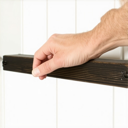 Close up of a wooden shim being used to level a floating vanity against a wall.