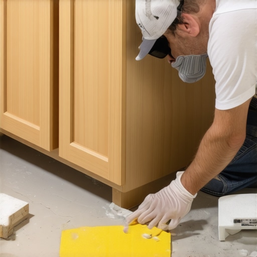 Applying silicone sealant to the raw bottom edge of a bathroom vanity cabinet with polymer shims nearby.