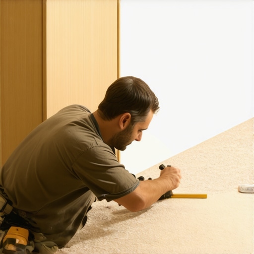 Professional scribing technique for built-in cabinets A carpenter scribing a cabinet base to match the floor and wall profile.