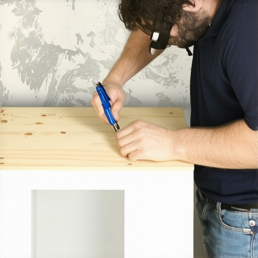 A carpenter using a scribe tool to match a cabinet frame to an uneven wall profile