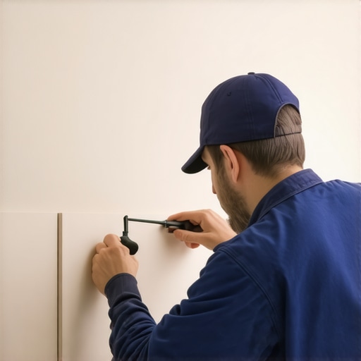 A carpenter scribing a cabinet frame to fit an uneven wall for a flush finish.