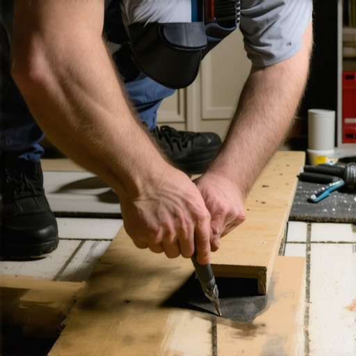 Close-up of a carpenter scribing a bench base to fit an uneven floor for better stability.