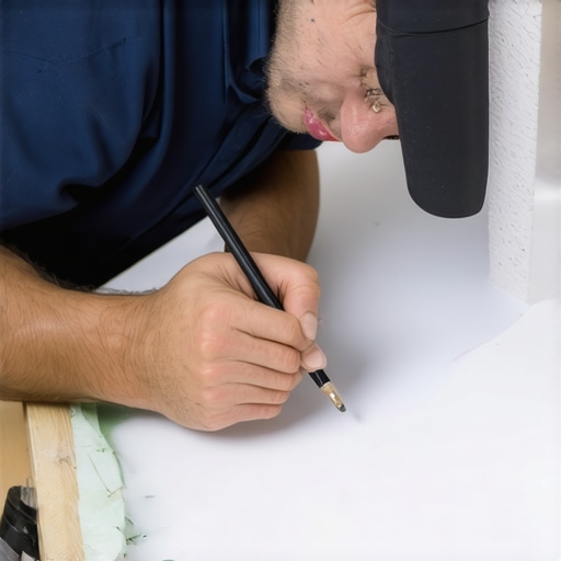 Close-up of carpenter scribing a cabinet to a wall