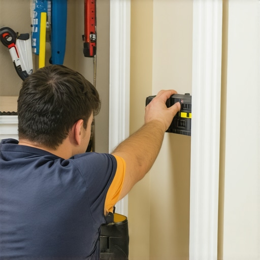 Close-up of a carpenter using shims to level a cabinet against a wall.