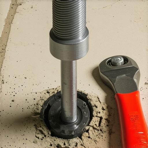 Close up of a steel wedge anchor being installed in a concrete floor to secure a heavy workbench.