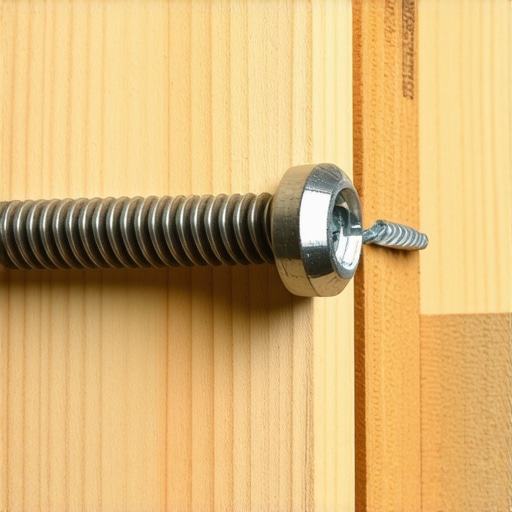 Structural lag screw entering a wall stud to secure a heavy floating cabinet.