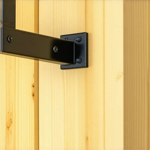 Heavy-duty steel cantilever bracket installed flush inside a notched wooden stud for floating bench support.