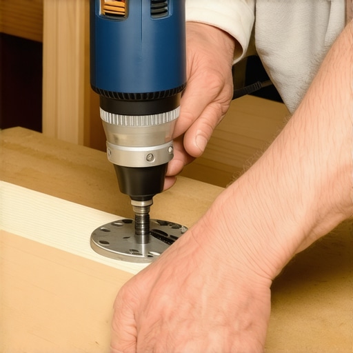 Close up of router tool carving a recess for a hidden steel plate in cabinetry