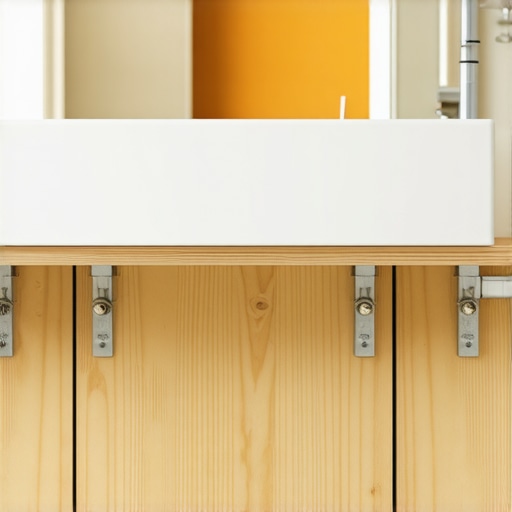 Close-up of internal cabinet bracing and plumbing cutouts for heavy stone tops.