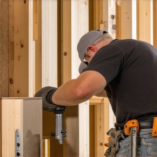 Close-up of a plywood cleat being secured to a wall stud for cabinet support.
