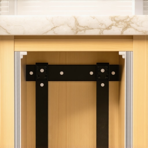 Close-up of internal corner blocks and steel brackets reinforcing a bathroom vanity for a stone countertop.