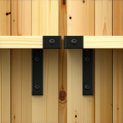 Close-up of industrial steel angle bracket reinforcing a corner joint in a garage shelving unit.
