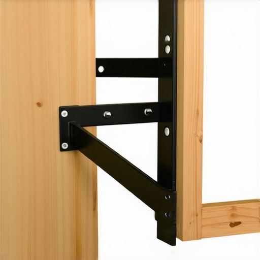 Close up of a structural steel bracket securing a media center to a wall stud