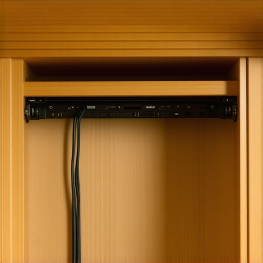 An open rear panel in a custom cabinet displaying neat wire bundles inside a hidden cable chase