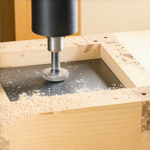 Plunge router carving a recess for a structural steel plate in a wood cabinet.