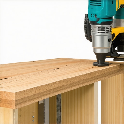 Close-up of a router cutting a groove into a wooden shelf to hide a steel support bar.