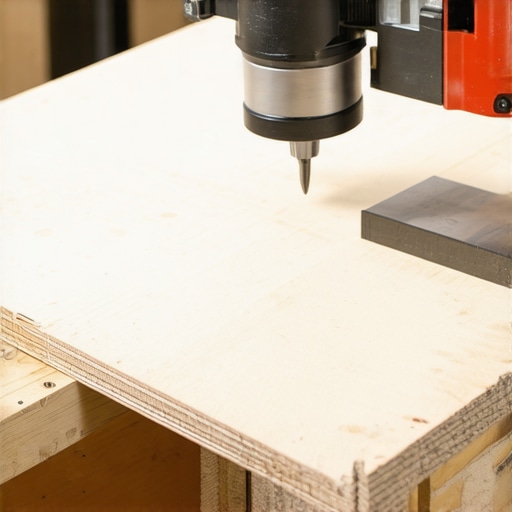 A woodworker uses a plunge router to create a recess for a structural steel bar in a library shelf.