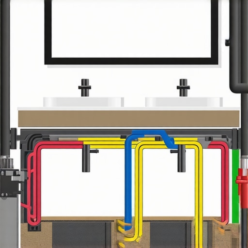 Technical diagram showing how to mount a vanity over heated floors without drilling into the subfloor.