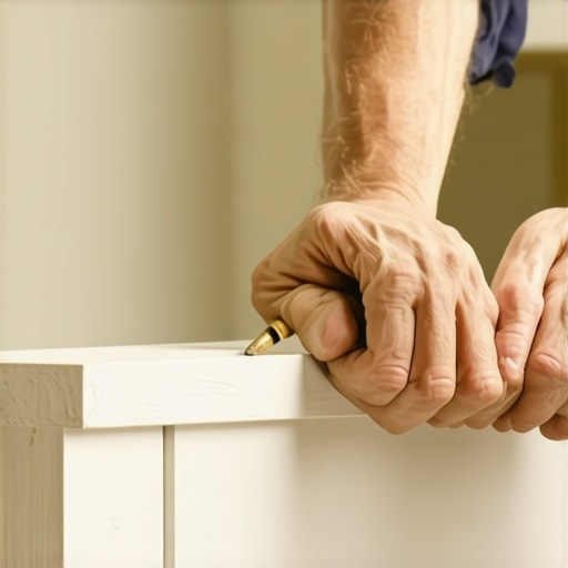 Carpenter using a precision scribing tool to trace ceiling contour onto cabinet wood trim.