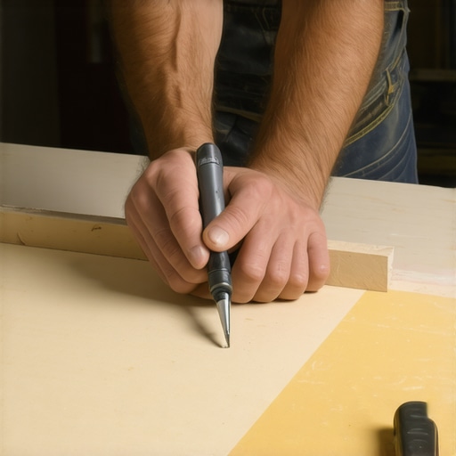 A carpenter scribing wood to fit an uneven closet wall for better structural stability.