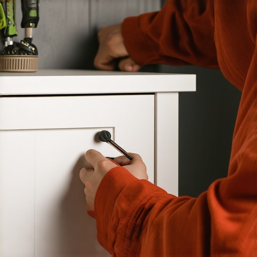 Scribing a Cabinet to an Uneven Wall Close-up of a carpenter using a scribing tool to mark a vanity cabinet against a wavy wall.