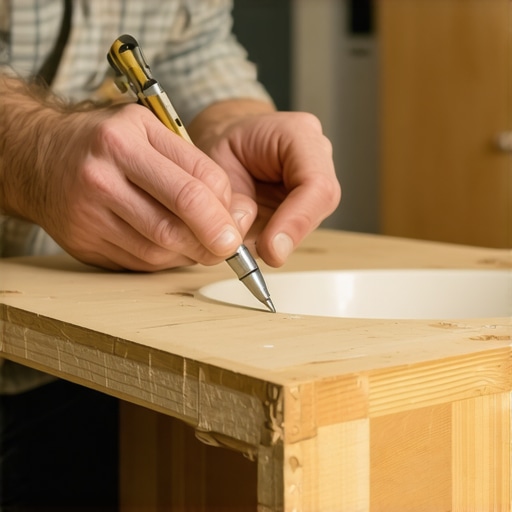 Scribing a Vanity to a Stone Wall Carpenter using a compass to trace a jagged stone wall onto a cabinet frame.