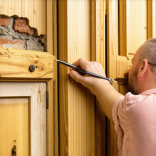 A close-up of the scribing process where a compass traces a brick wall profile onto a wood cabinet edge.