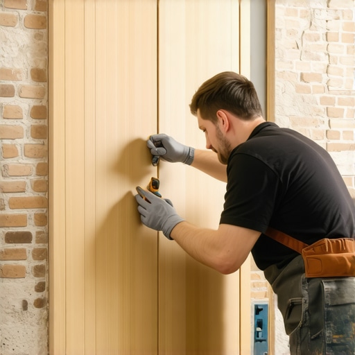 A carpenter using the scribing technique to fit a cabinet against an uneven wall