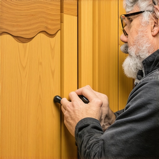 Professional carpenter using a scribing tool on a custom built-in cabinet